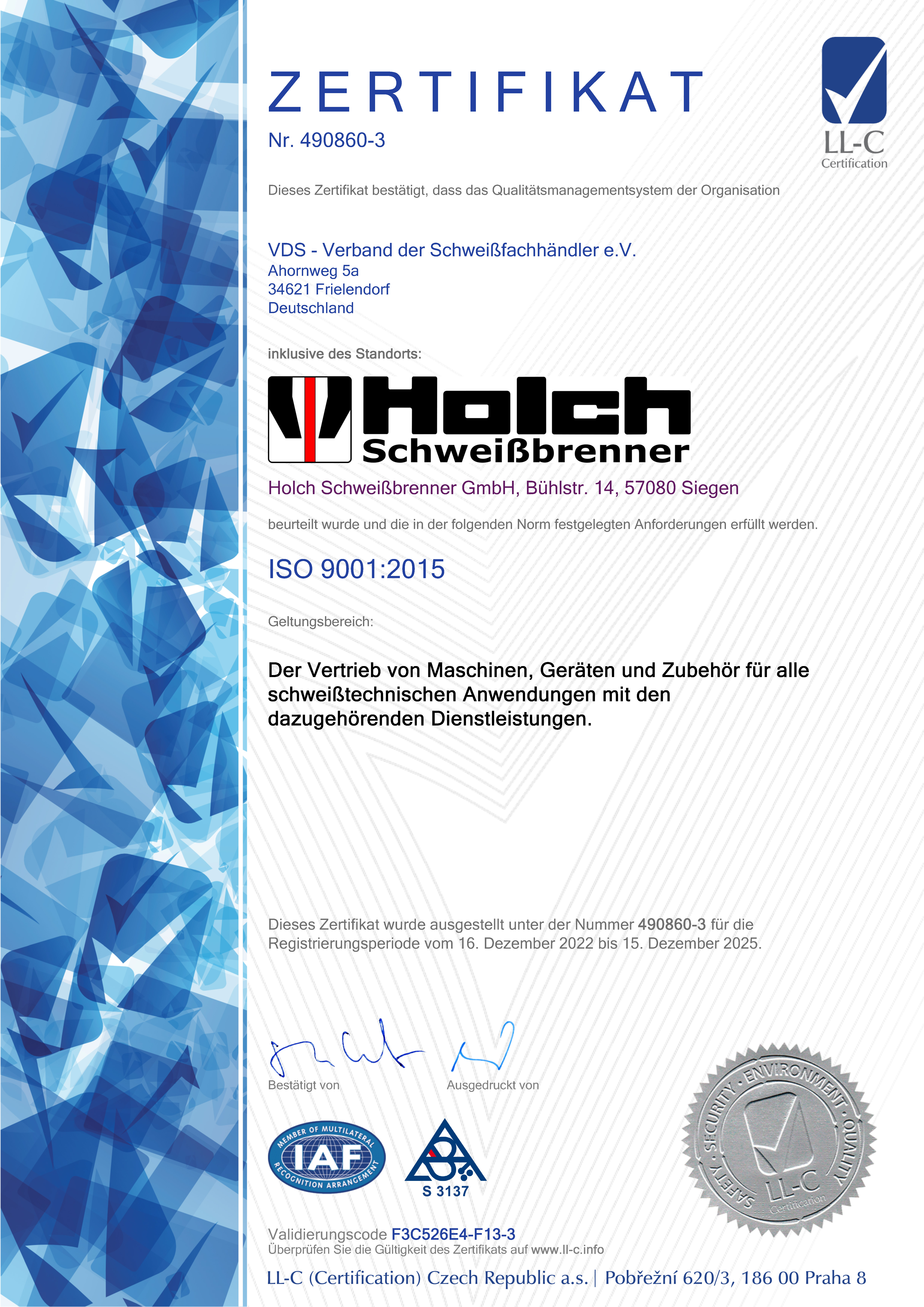 Zertifikat mit Holch Logo